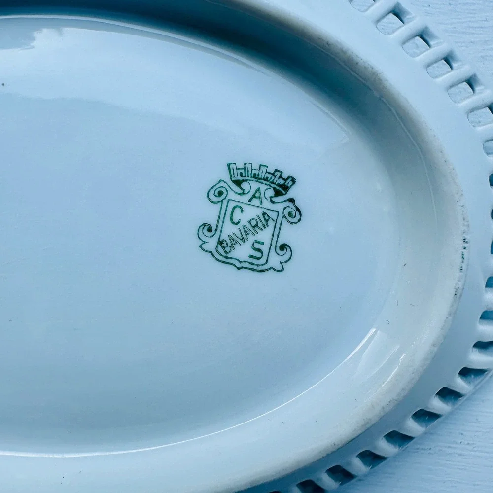 Vintage Carl Schumann Bavaria Reticulated Porcelain Oval Handled Dish c. 1900